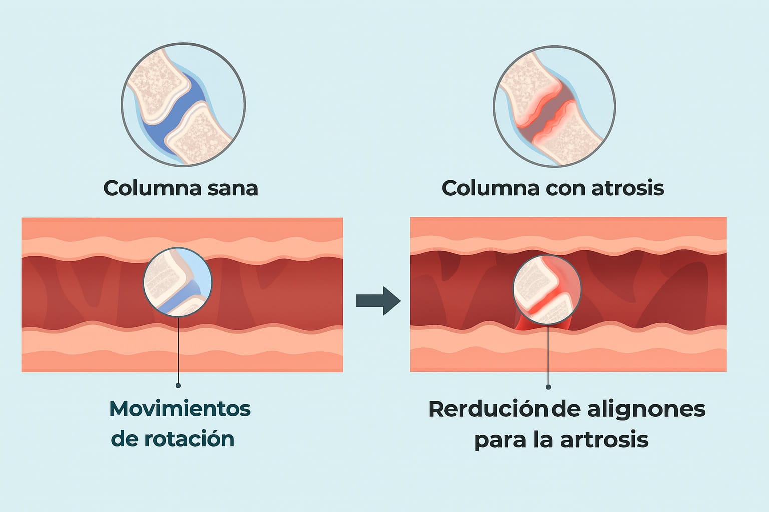 Comparativa de una columna sana y una columna con artrosis cervical